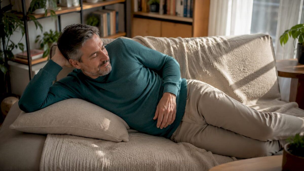 Un hombre descansa de lado sobre una cama moderna, disfrutando de un sueño cómodo.