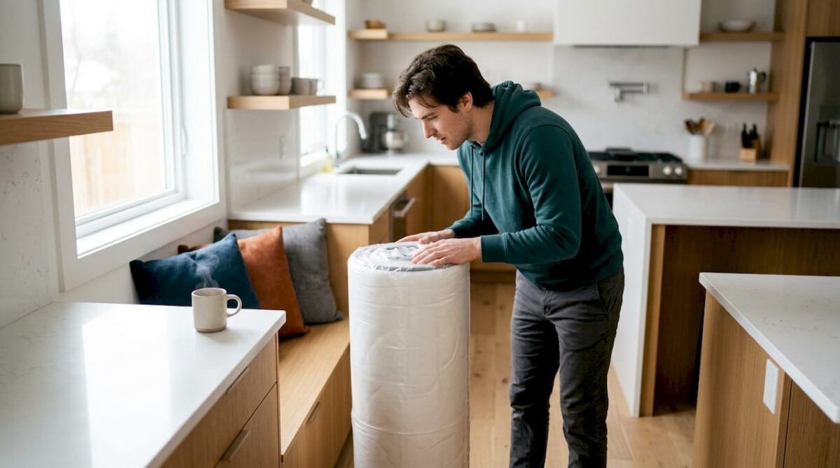 Una persona se tumba sobre un colchón nuevo para comprobar su comodidad en un dormitorio de estilo moderno.