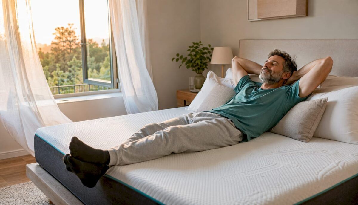 Un hombre disfruta de un merecido descanso sobre su colchón hecho a medida, relajándose en un dormitorio acogedor.