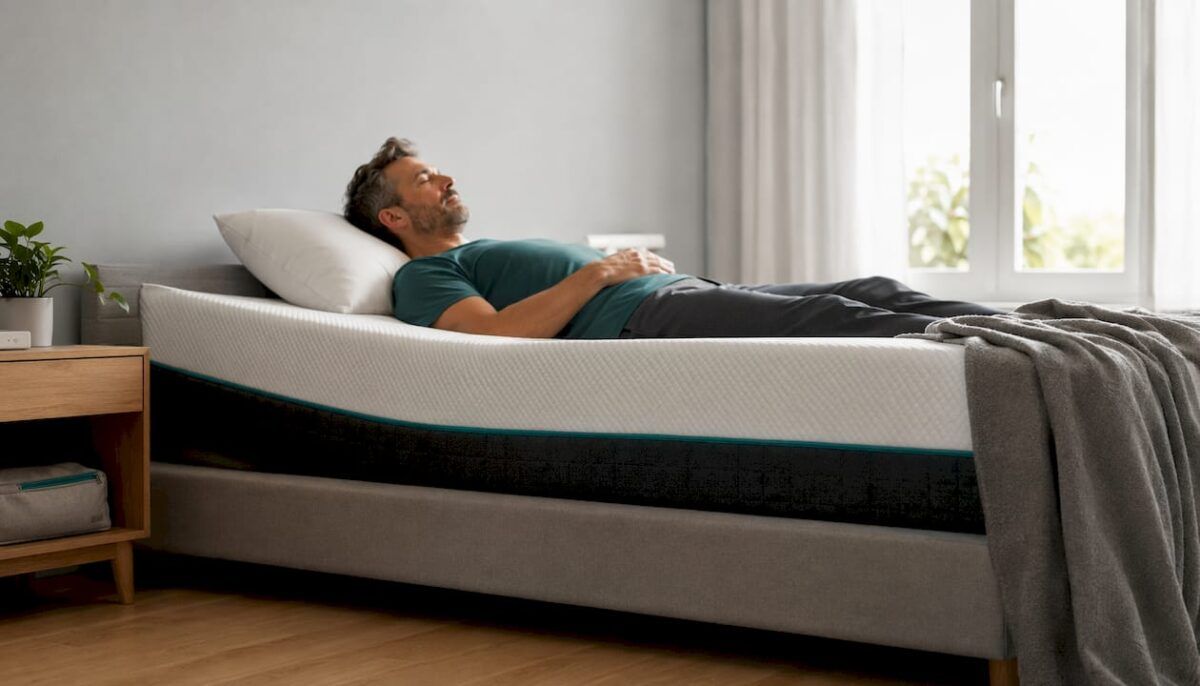 Hombre descansando sobre un colchón hecho a medida, con la espalda perfectamente alineada