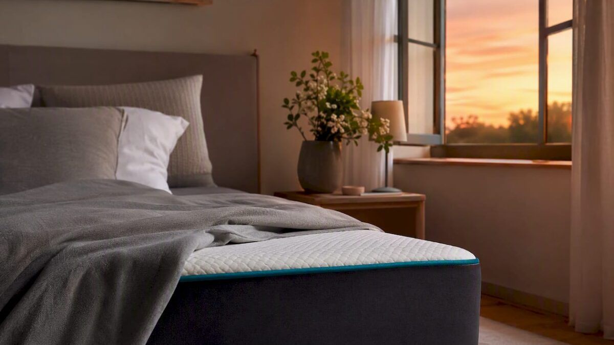 Dormitorio tranquilo con la suave iluminación en el borde del colchón