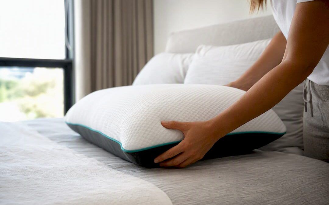Una mano acomoda la almohada sobre una cama iluminada por la luz.